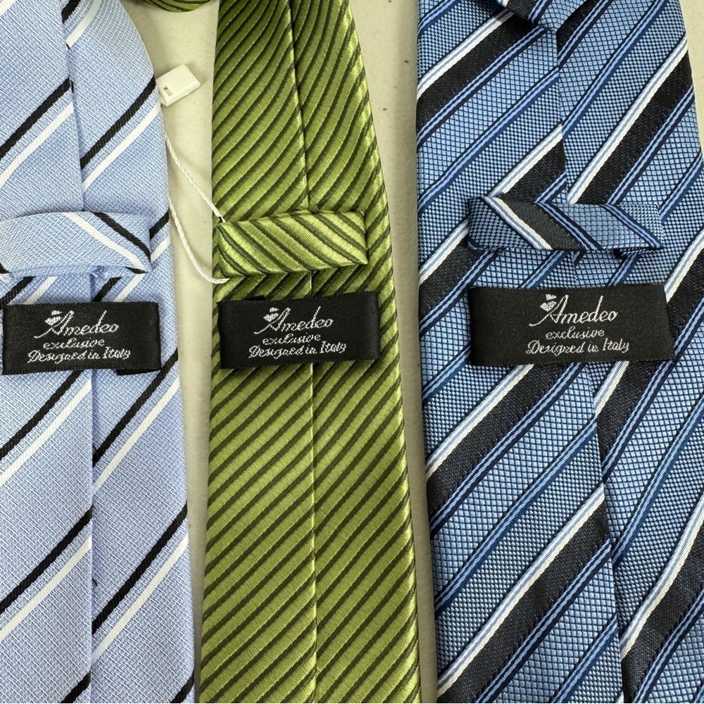 Amedeo Italian Silk Tie Bundle Blue Green Striped Designer Neckties Lot 3 - Picture 4 of 10
